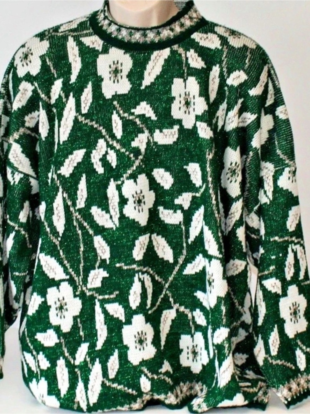 Floral Crew Neck Sweater Green & White Size 22W